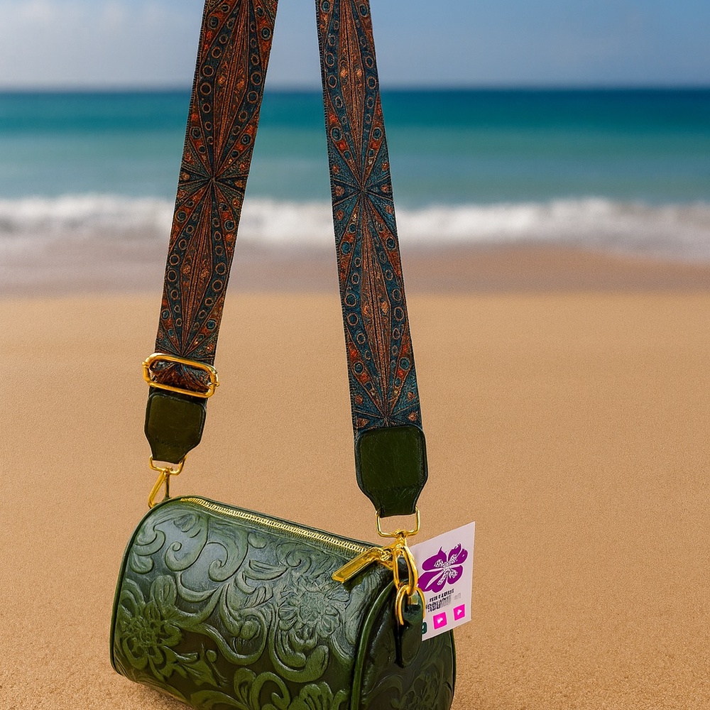 CaliGirl Green Floral Embossed Crossbody Bag Boho Guitar Strap Purse NWT